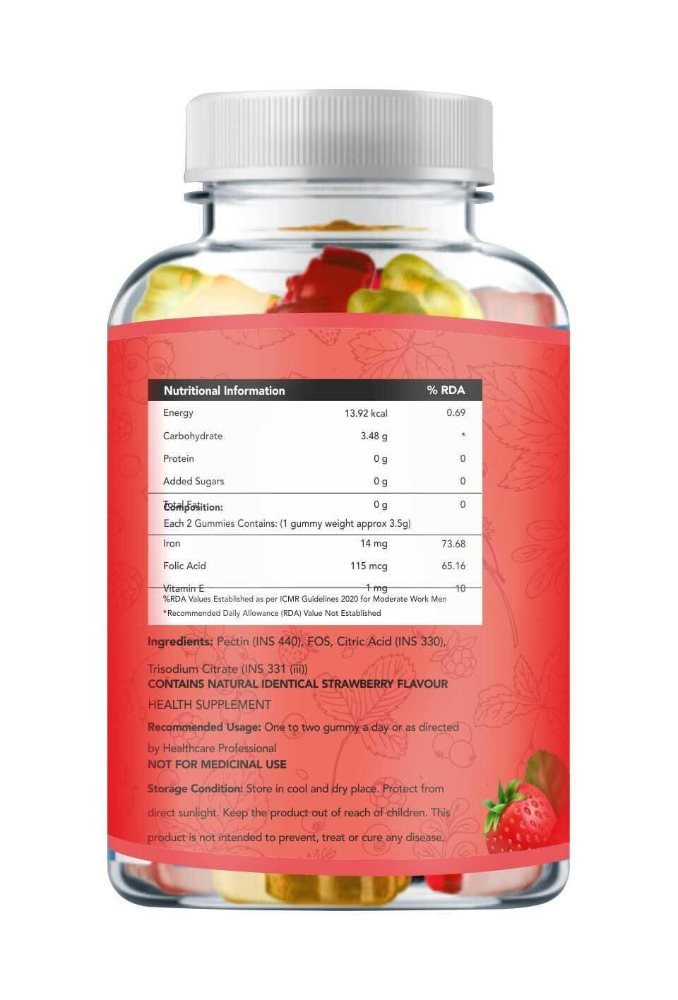 IronChews Daily Energy & Anti-Fatigue Gummies | Iron, Folic Acid & Vitamin E for Women & Men | Workout & Stamina and Absorption | Vegan Strawberry Gummies | 30 Count | No Added Sugar