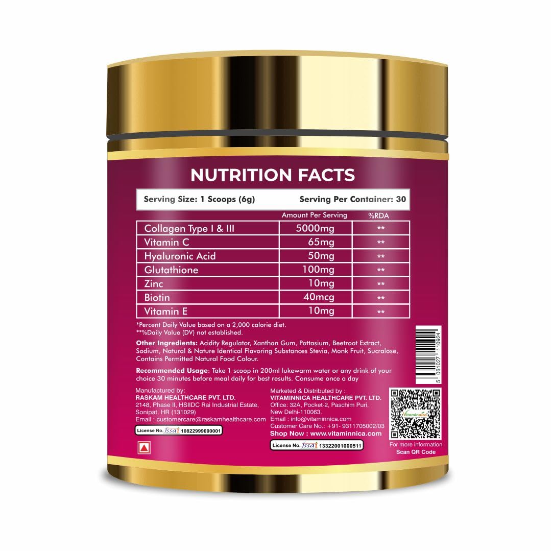 Vitaminnica Vita Beauty Collagen Type I & III Powder | With Hyaluronic Acid, Vitamin C, Biotin, Zinc, Vitamin E & Glutathione | Skin Glow, Anti-Ageing, Hair Growth & Joint Support | Premium Hydrolysed Collagen Supplement | 30 servings (Strawberry)