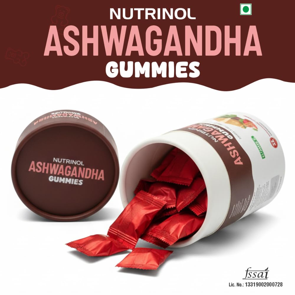Knoll Healthcare Nutrinol Ashwagandha Gummies for Men & Women | 250mg Withania Somnifera + Vitamin E | Stress Relief, Energy, Brain Support | No Added Sugar | Strawberry Flavour | 30 Gummies