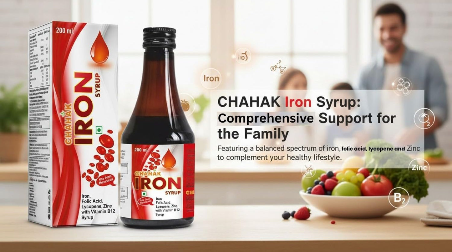 CHAHAK Iron Syrup with Folic Acid & Vitamin B12 – Hemoglobin Booster Syrup for Anemia, Fatigue & Weakness – Iron, Lycopene & Zinc Health Tonic – Mixed Fruit Flavour – 200 ml (Pack of 2)