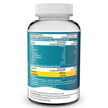 Naturyz Vegetarian Omega 3 Flaxseed + Sea buckthorn Oil Capsules 1120mg | Extra Virgin Cold Pressed Oil supplement with Omega 3, 6, 7 & 9 | Supports Healthy Heart, Skin, Brain & Gut | Plant source| Pack of 60