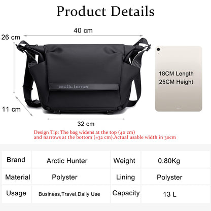 Arctic Hunter Large Sling Bag for Men Crossbody 13L Big Side Bag for 10.9" iPad Pocket with Padded Shoulder Strap Water Resistant Messenger Bag Shoulder Bag for Travel Office College, Black