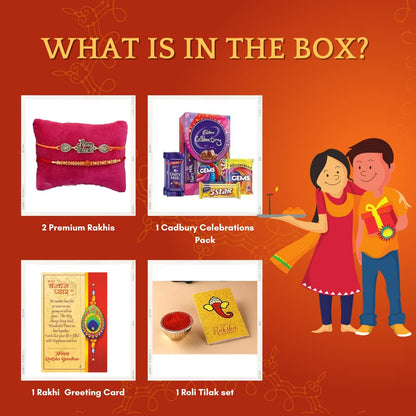 Set of 2 Rakhi For Brother With Chocolate Combo Gift, Rakhi with chocolate For Bhai Bhabhi Kids, Rakhi Gift Hamper/Bike Rakhi Rudraksh Rakhi for Bhaiya/Bhai/Bro with Cadbury Celebration Pack
