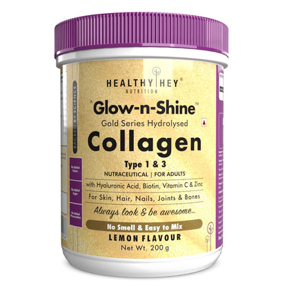 HealthyHey Nutrition Skin Glow-N-Shine Collagen Powder 200G | Hydrolysed Collagen For Women And Men With Hyaluronic Acid, Biotin And Vitamin C For Healthy Skin, Hair And Nails - (Lemon, 200Gm)