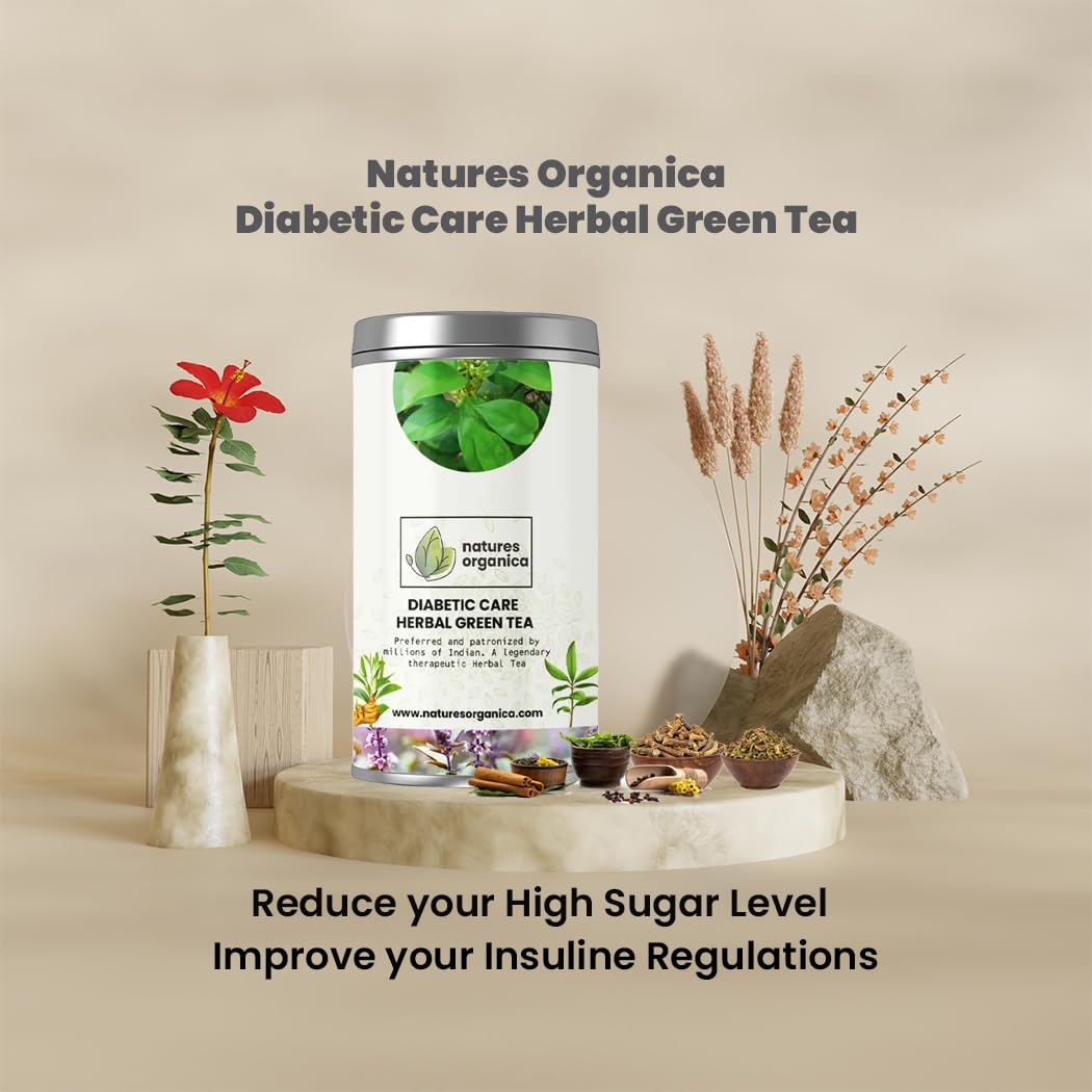 Natures Organica Diabetic Care Green Tea 100g | Herbal Anti-Diabetic Wellness with Gymnema Sylvestre, Jamun Seeds, Paneer Dodi, Giloy & Cinnamon | Supports Healthy Sugar Levels | Premium Darjeeling Green Tea Leaves