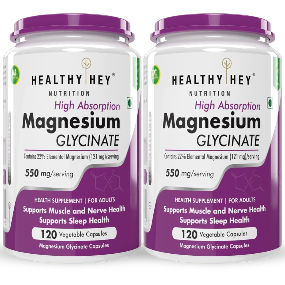HealthyHey Nutrition High Absorption Magnesium Glycinate, 550mg - 120 Vegetable Capsules - Pack of 2