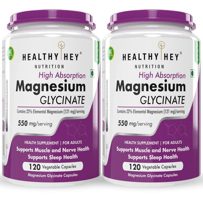 HealthyHey Nutrition High Absorption Magnesium Glycinate, 550mg - 120 Vegetable Capsules - Pack of 2