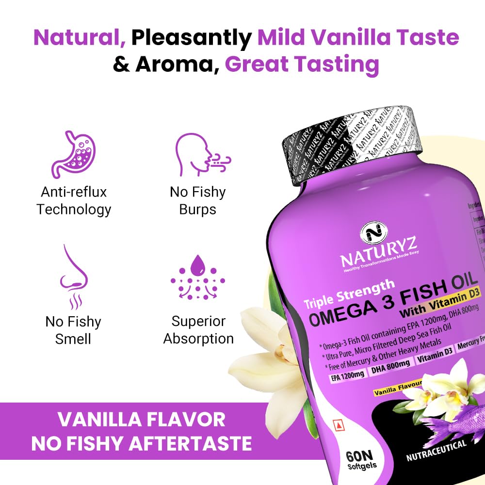Naturyz Vanilla Flavoured Triple Strength 2500mg Omega 3 Fish Oil with Vitamin D3|Highest Strength 2000 mg Omega 3 Per Serving (EPA 1200mg DHA 800mg) Deep Sea Fish Oil for Unisex-60 Capsules,100 grams