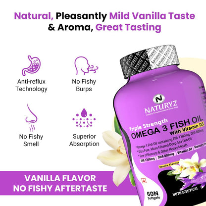 Naturyz Vanilla Flavoured Triple Strength 2500mg Omega 3 Fish Oil with Vitamin D3|Highest Strength 2000 mg Omega 3 Per Serving (EPA 1200mg DHA 800mg) Deep Sea Fish Oil for Unisex-60 Capsules,100 grams