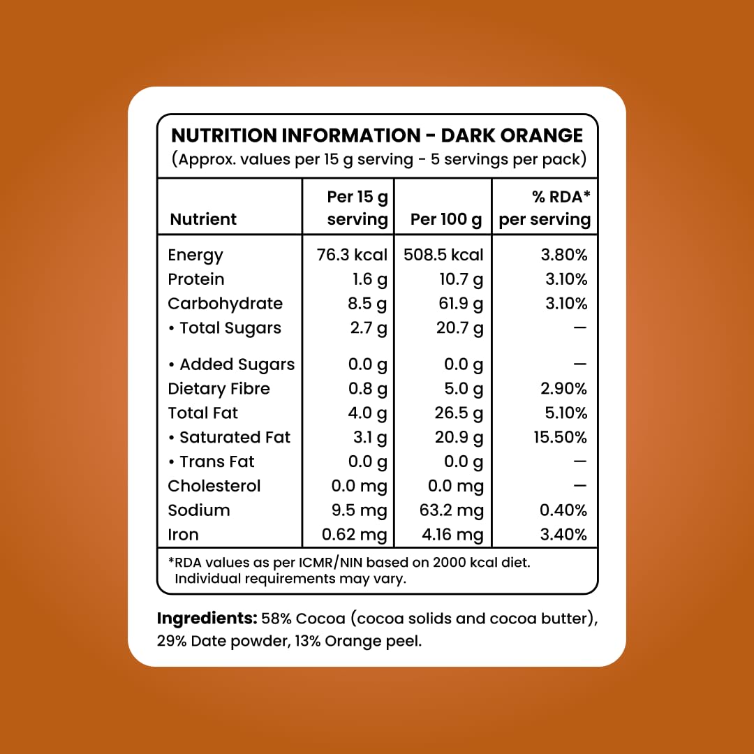 NoirDate Orange Dark Chocolate - 75g, Bean to Bar, Sweetened with Dates, Refined Sugar Free, Clean Label, Healthy & Tasty Indulgence, Vegan, Gluten-Free, Antioxidant Rich (Pack of 1)