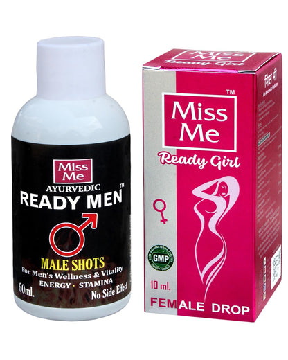MISS ME AYURVEDIC READYGIRL DROP FOR FEMALE 10 ML COLOUR AND FLAVOUR LESS | READYMEN AYRVEDIC SHOT FOR MALE PAAN FLAVOUR 60 ML COMBO