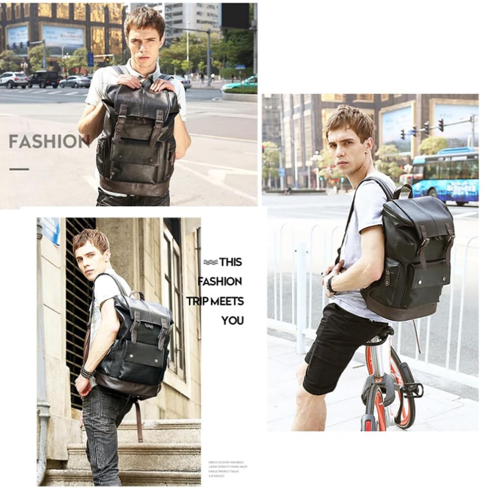 CHAO RAN Vintage Leather Laptop Backpack For Men, Men Black Leather Backpack…, Black, Large, College Travel Backapck