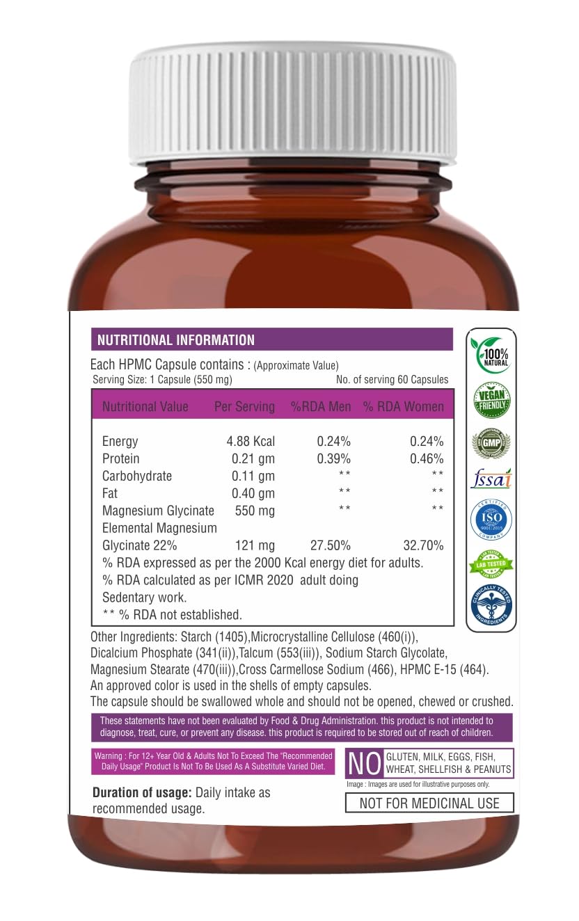 The Body Reserve Magnesium Glycinate Supplement - 60 Vegetable Capsules, 550mg Per Serving, High Absorption Chelated Form - Supports Muscle & Nerve Health, Relaxation for Men & Women