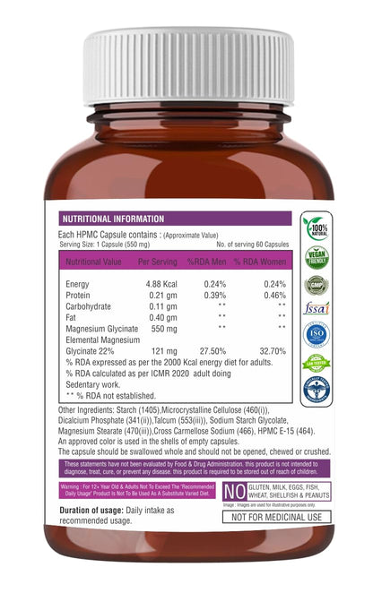 The Body Reserve Magnesium Glycinate Supplement - 60 Vegetable Capsules, 550mg Per Serving, High Absorption Chelated Form - Supports Muscle & Nerve Health, Relaxation for Men & Women