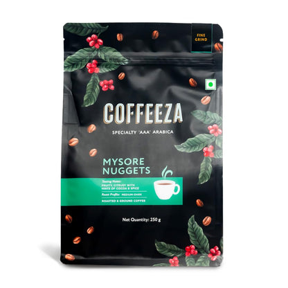 COFFEEZA Ground Coffee - Fine Grind - Mysore Nuggets Single Estate - 250g - Dark Roast 100% Arabica Ground Coffee Powder