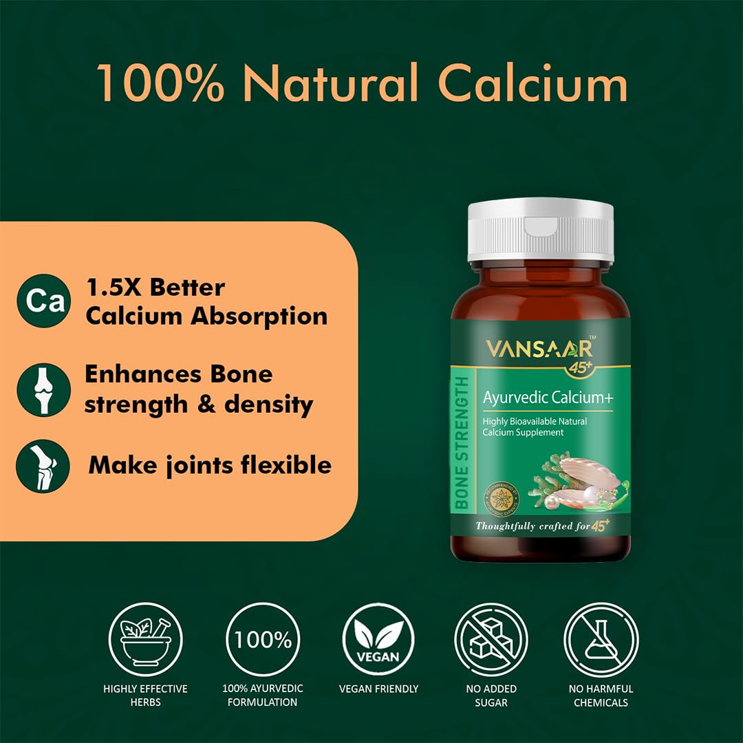 Vansaar Ayurvedic Calcium+ (60 Tabs)| Naturally Sourced Calcium & Hadjod Supplement For Complete Bone and Joint Support| Chemical Free,100% Ayurvedic