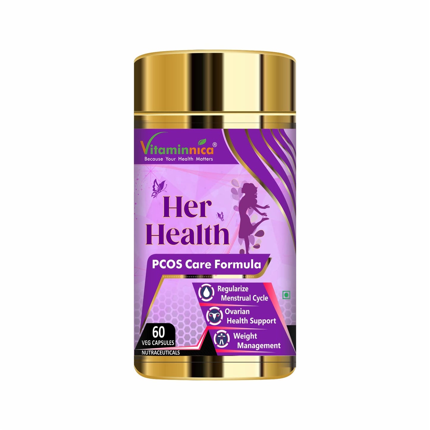 Vitaminnica Her Health PCOS Supplement for Women & Girls- Manages Irregular Delay Periods, PCOS Symptoms, Support Hormonal Balance, Weight Management | 60 Veg Capsules (Pack of 1)