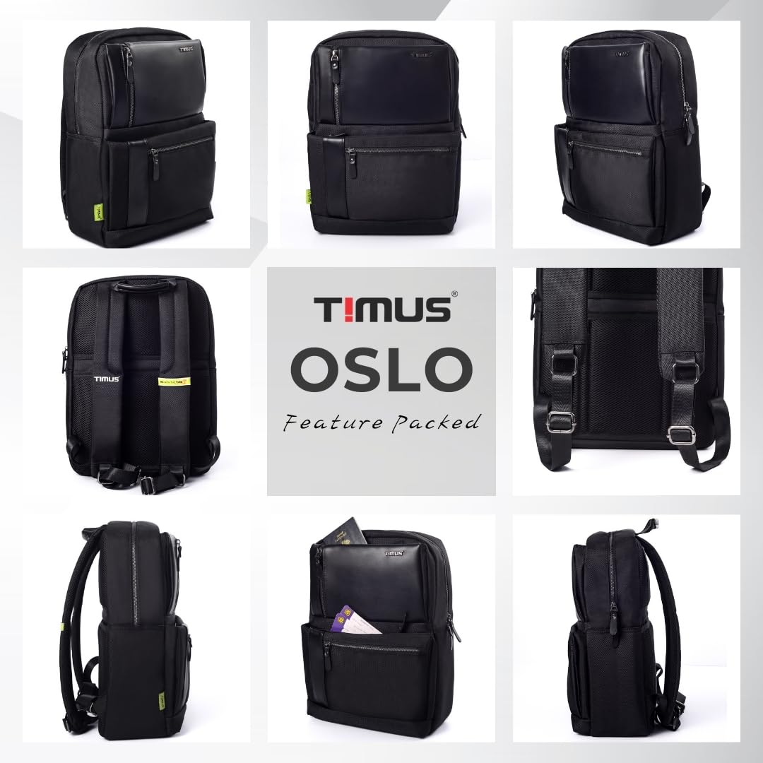 Timus Oslo Black Professional Laptop Backpack for Men & Women 22 L with 15.6 Inch Laptop Compartment | Water resistant - Anti-Theft Bag | Premium Polyester Fabric