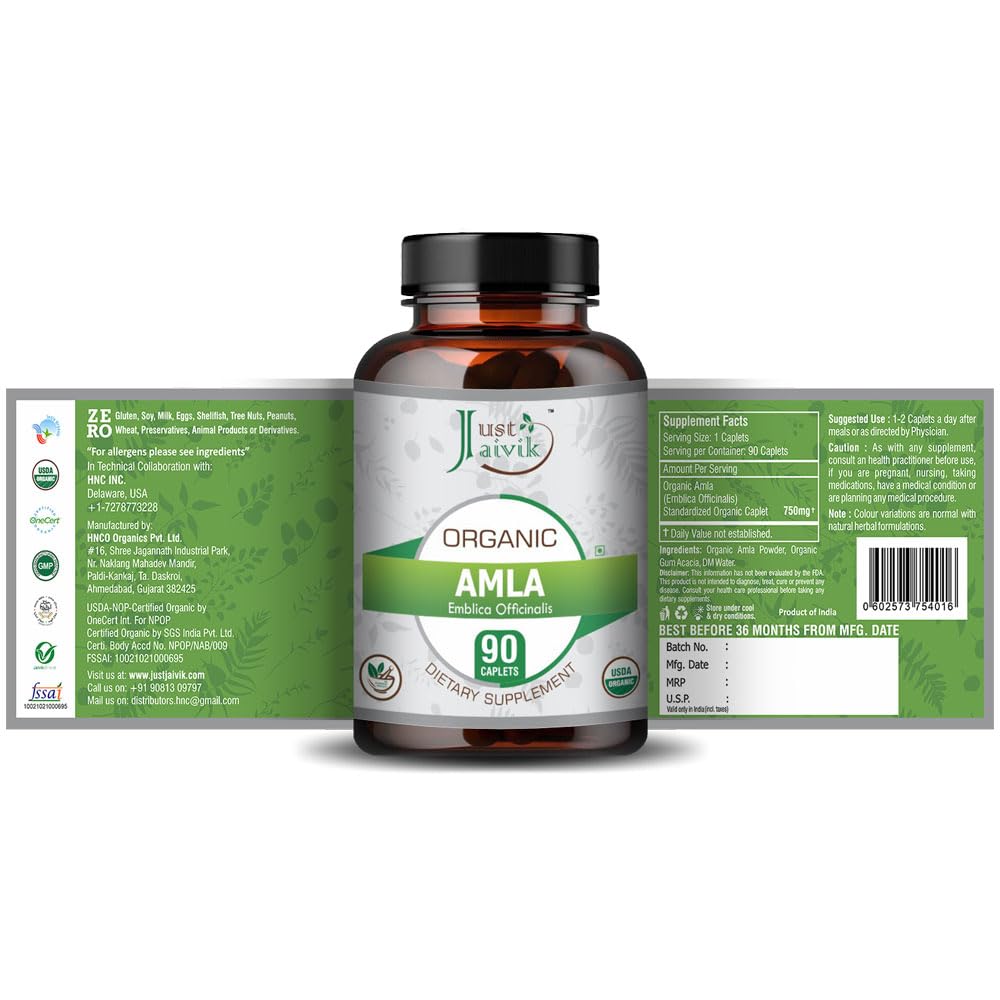 Just Jaivik Organic Amla Tablets - Boosts Digestion and Immunity Wellness (750mg - 90 Tablets)