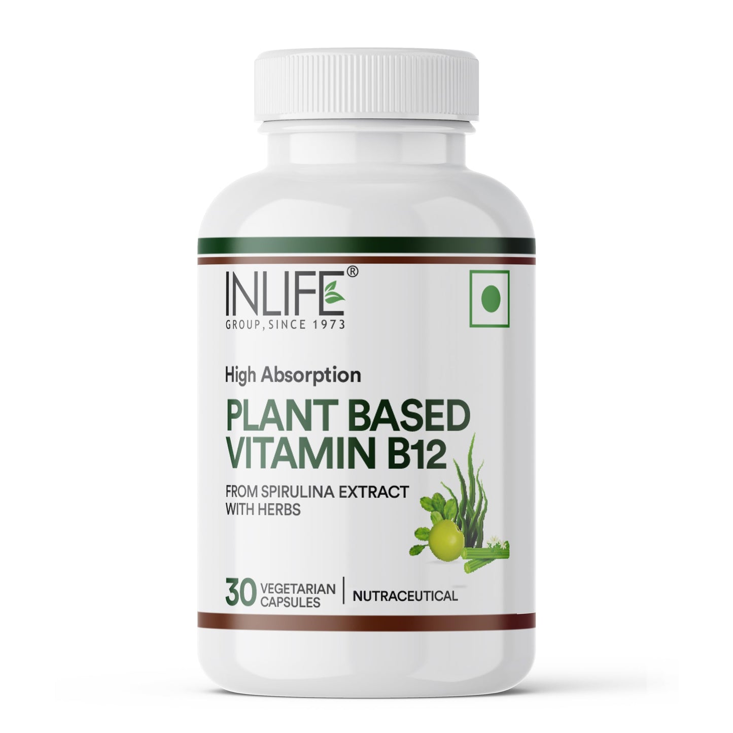 INLIFE Plant Based Vitamin B12 Supplements for Men & Women | Superfood Formula | B12 from Spirulina Extract - 30 Vegetarian Capsules (Pack of 1, 30, count)