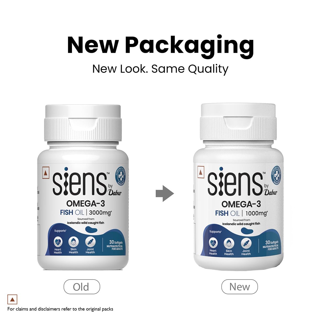 Siens By Dabur Omega-3 Fish Oil Capsules 1000mg - 30 softgels| Supports Heart, Skin & Joint Health | With EPA & DHA | Sustainably Sourced from wild-caught Icelandic Fish | Capsule for Men & Women