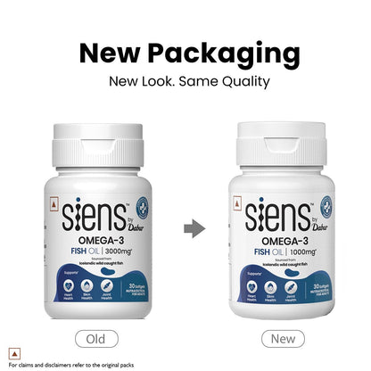 Siens By Dabur Omega-3 Fish Oil Capsules 1000mg - 30 softgels| Supports Heart, Skin & Joint Health | With EPA & DHA | Sustainably Sourced from wild-caught Icelandic Fish | Capsule for Men & Women