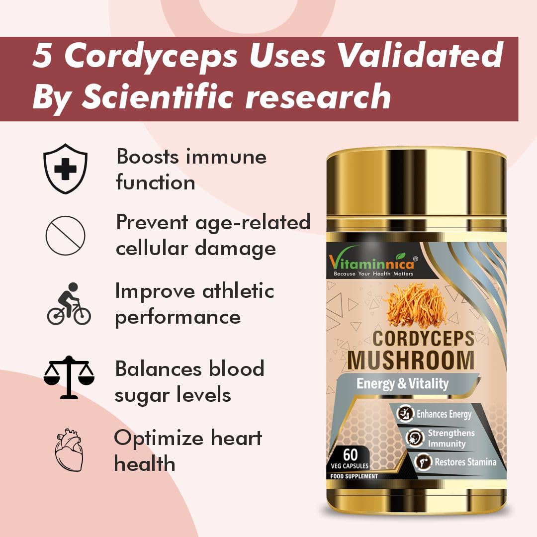 Vitaminnica Cordyceps Mushroom 500mg- 60 Vegan Capsules | Nootropics for Energy & Endurance