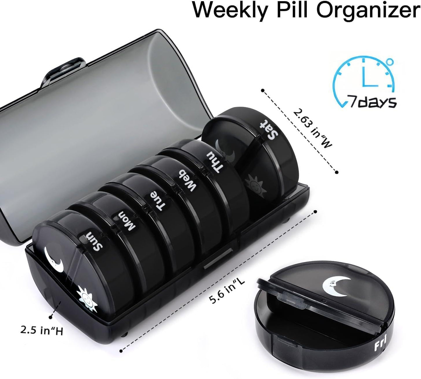 Sumiko Large Weekly Pill Medicine Organizer Box 4 Times A Day | One Week Daily Tablets Container | Weekly Pill Cases Portable for Pills Vitamin Fish Oil Supplements | For Travel & Gifts (Black)