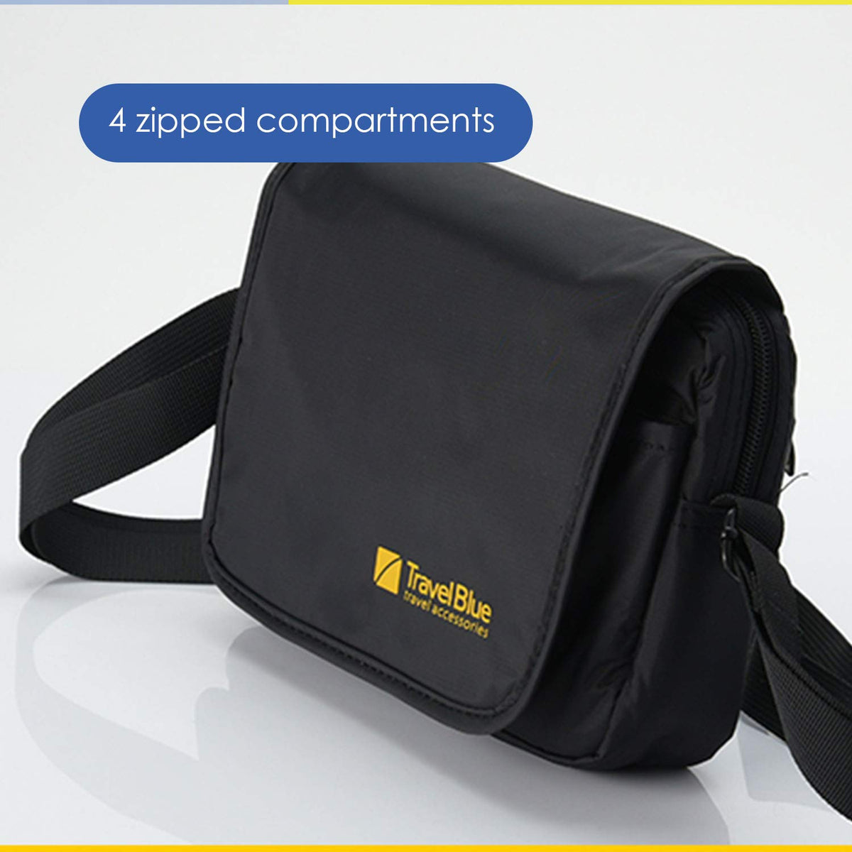Travel Blue Nylon City Sling Pouch for Men & Women | 4 Zipped Compartments | Adjustable Shoulder Strap | Water-Resistant Travel Crossbody Bag | Black