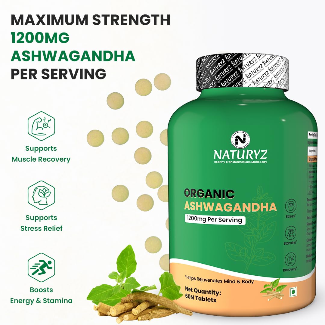 NATURYZ Organic Ashwagandha Highest Strength 1200mg tablets | Supports Stress Relief, Energy, Immunity & Muscle Recovery | Rejuvenate Mind & Body for Men & Women | Non-GMO, Vegan, Gluten-Free | USDA Organic Certified | Pesticides & Chemical Free - 60 Veg