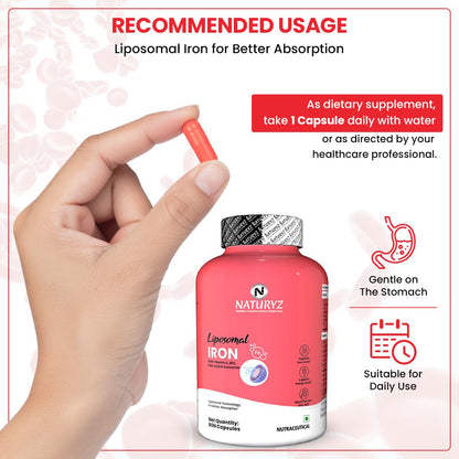 NATURYZ Liposomal Iron Capsules with Folic Acid, Vitamin B12, Vitamin C & Curcuma Longa | Liposomal Technology High Absorption Iron Supplement for Men & Women | Supports Hemoglobin, Energy & Immunity | Gentle on Stomach | 30 Veg Capsules
