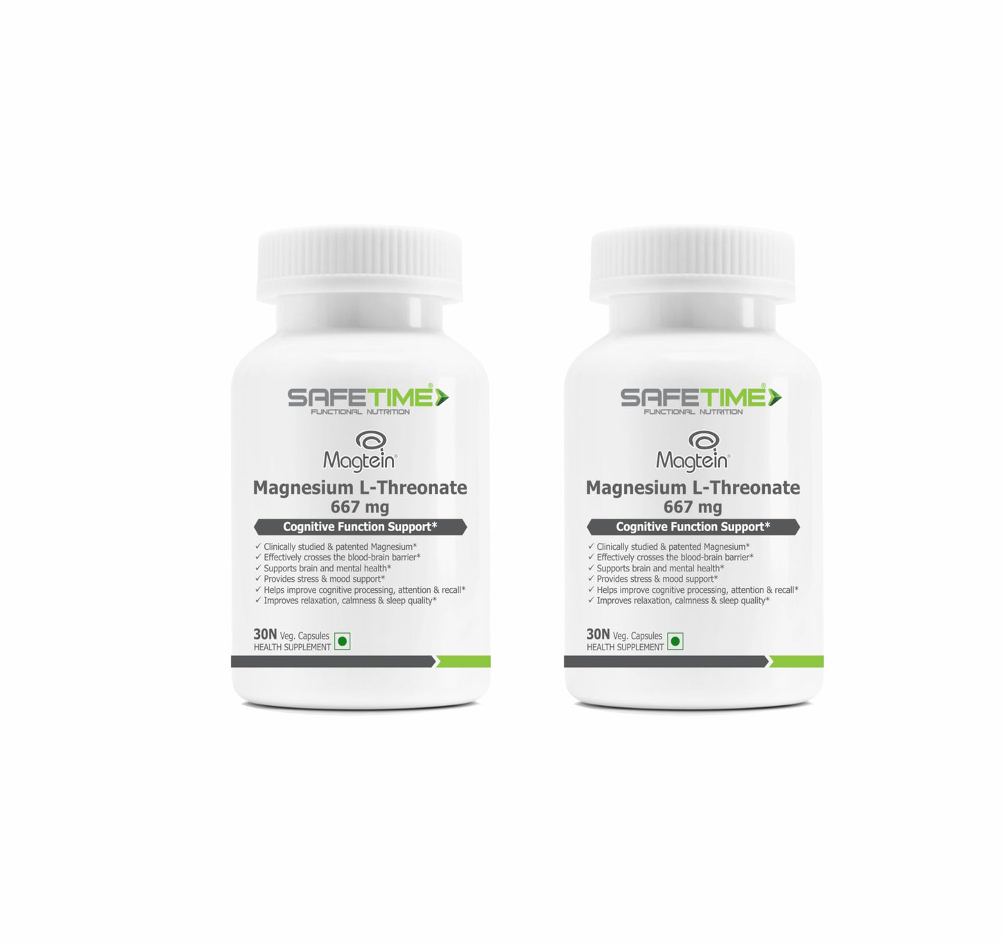 SAFETIME Functional Nutrition MAGTEIN Magnesium L Threonate Cognitive Function & Brain Health Support (30 Pack x 2 = 60 Veg Capsules)