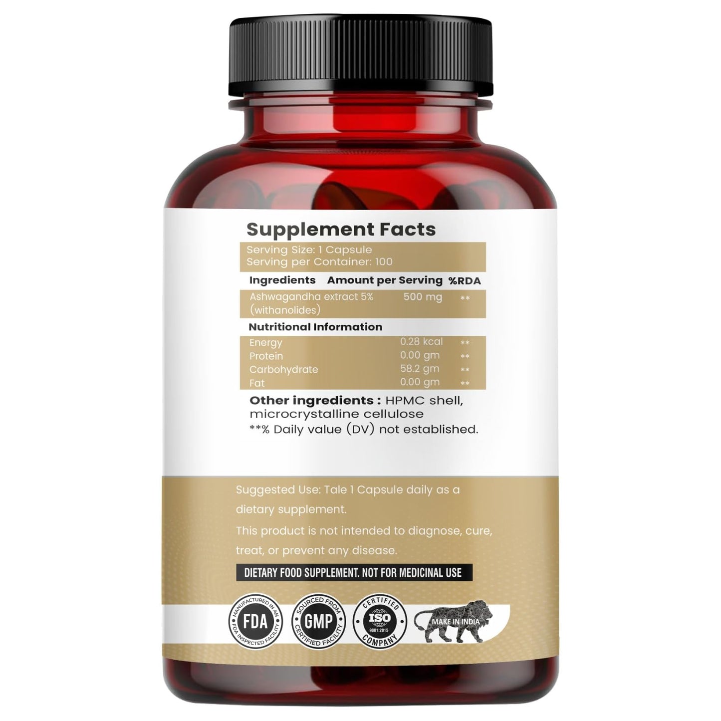 Raskam Ashwagandha 500 mg Capsules, 100 Veg. Capsules, Rejuvenates Body & Brain, Increases Energy, Strengthens Immune System, Reduces Stress & Anxiety