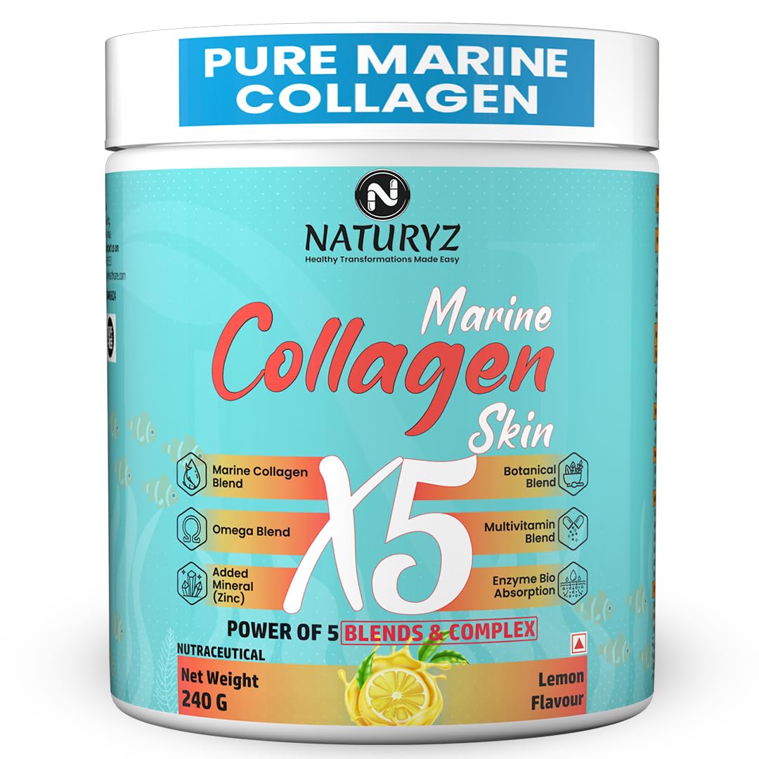 NATURYZ Marine Collagen Skin X5 for Women & Men | Premium Collagen Peptides | Power of 5 Blends | Hyaluronic acid, Biotin & Vitamin E | Supports Skin Radiance, Healthy Hair, Nails, Bone & Joints – 240g(Lemon Flavour)