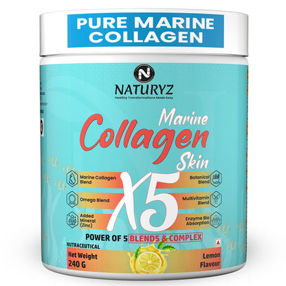 NATURYZ Marine Collagen Skin X5 for Women & Men | Premium Collagen Peptides | Power of 5 Blends | Hyaluronic acid, Biotin & Vitamin E | Supports Skin Radiance, Healthy Hair, Nails, Bone & Joints – 240g(Lemon Flavour)