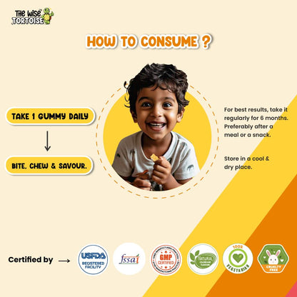 Athlete Kids Calcium + Vitamin D + Prebiotics Gummies | 0 Sugar | Bone Strength, Growth & Teeth Health | 5-15 Years | Mighty Mango Flavor | 30 Gummies | The Wise Tortoise TWT