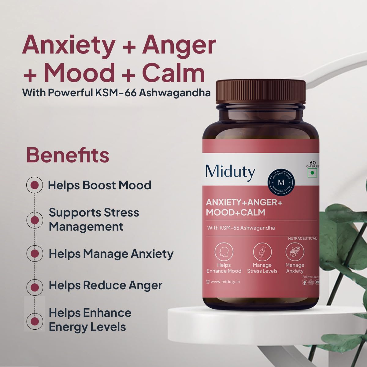 Miduty by Palak Notes Anxiety Anger Mood Calm Supplement For Happy Mood, Anti Depressant - KSM - 66 Ashwagandha Root - 5 HTP - L Tryptophan - 60 Capsules