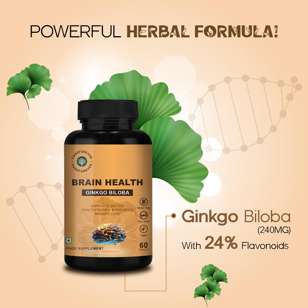 CUREFOREVER Ginkgo Biloba 240mg Tablets | Brain Health & Memory Support Supplement | Helps Improve Focus, Mental Clarity & Concentration | Herbal Cognitive Support | 60 Tablets - 30 Days Supply