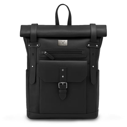 REDHORNS Urbane Pro Roll-Top Unisex Genuine Leather Backpack- 25L Backpack For Business, Office, Travel with Trolley Sleeve- Black
