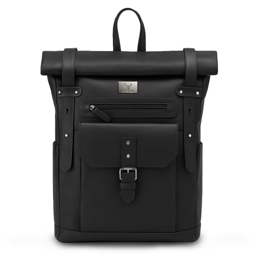 REDHORNS Urbane Pro Roll-Top Unisex Genuine Leather Backpack- 25L Backpack For Business, Office, Travel with Trolley Sleeve- Black