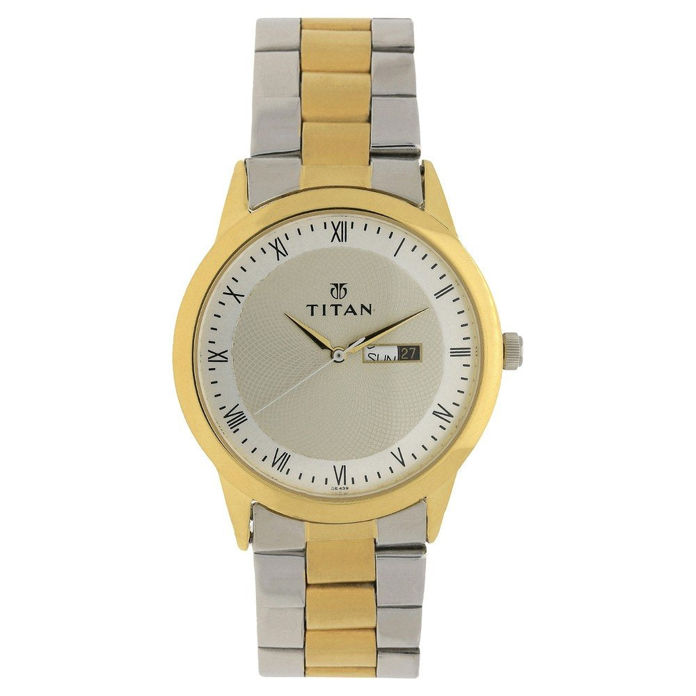 Titan Quartz Analog With Day & Date Champagne Dial Two Toned Silver & Gold Stainless Steel Strap Watch for Men - NT1584BM02