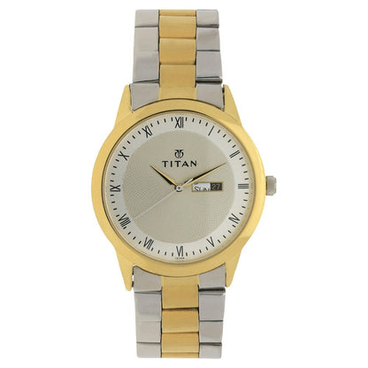 Titan Quartz Analog With Day & Date Champagne Dial Two Toned Silver & Gold Stainless Steel Strap Watch for Men - NT1584BM02