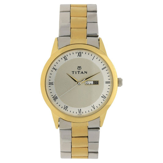 Titan Quartz Analog With Day & Date Champagne Dial Two Toned Silver & Gold Stainless Steel Strap Watch for Men - NT1584BM02