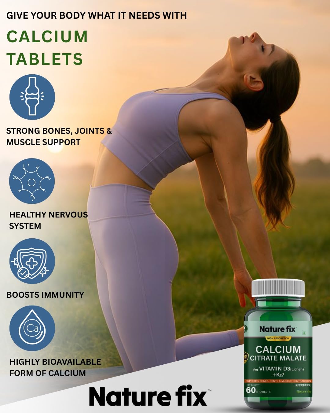 Nature Fix Calcium Citrate Malate with Veg. Vitamin D3 (Lichen) + K27 – Supports Bones, Joints & Muscle Contraction – 60 Tablets