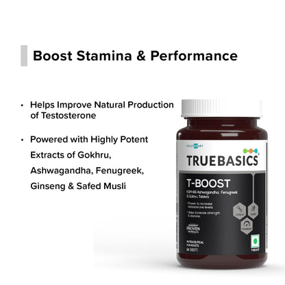 TrueBasics T-Boost, Testosterone Supplement for Men (60 Tablets) | With KSM 66 Ashwagandha, Safed Musli, Gokshura, & Ginseng | For Energy, Stamina & Muscle Strength