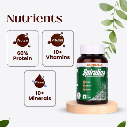 SUNOVA Organic Spirulina Capsules - Nature's Own Superfood and Nutritional Supplement, Spirulina for Full Body Support - 60 Capsules x Pack of 3