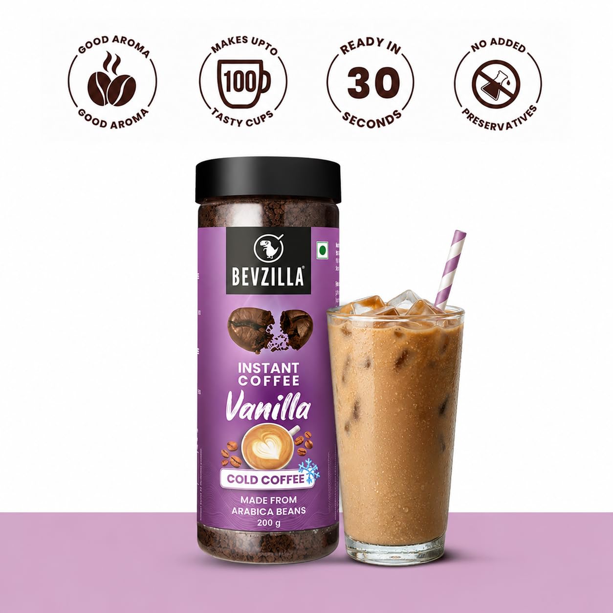 Bevzilla 200 Gram Vanilla Flavoured Instant Coffee Powder Jar | Make 100 Cups | Arabica Coffee | Best for Espresso, Latte & Cappucino | Hot & Cold Brew