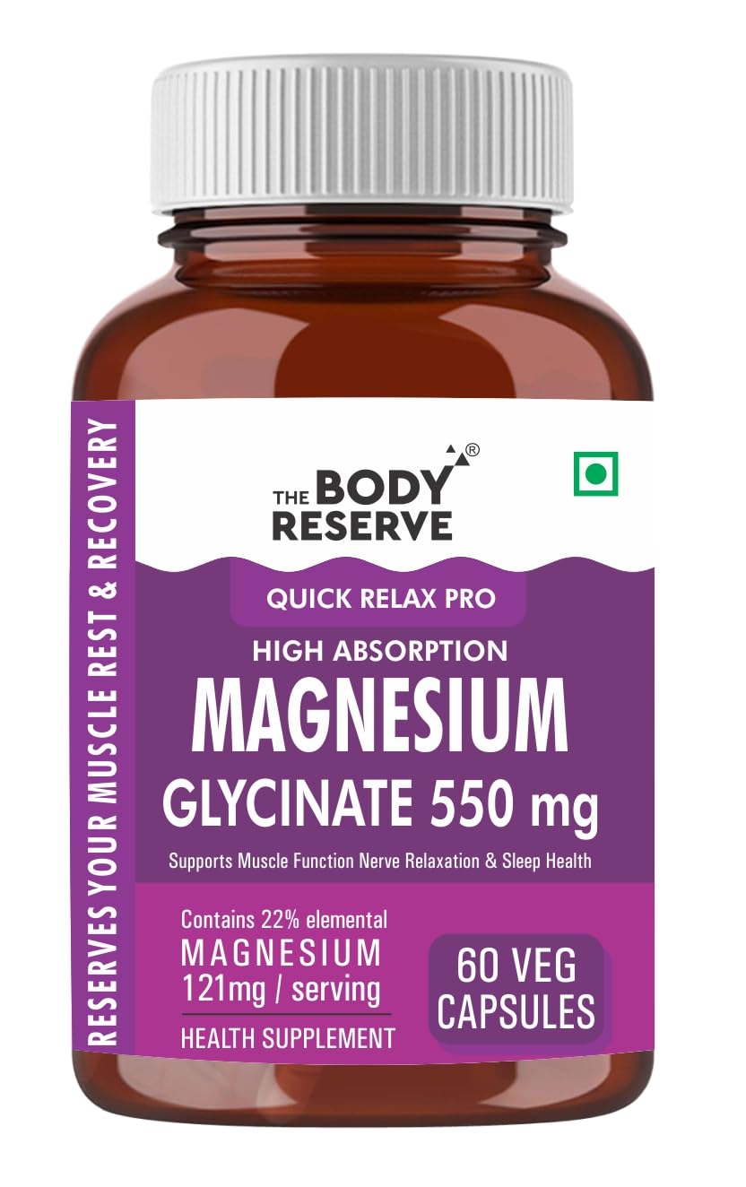 The Body Reserve Magnesium Glycinate Supplement - 60 Vegetable Capsules, 550mg Per Serving, High Absorption Chelated Form - Supports Muscle & Nerve Health, Relaxation for Men & Women