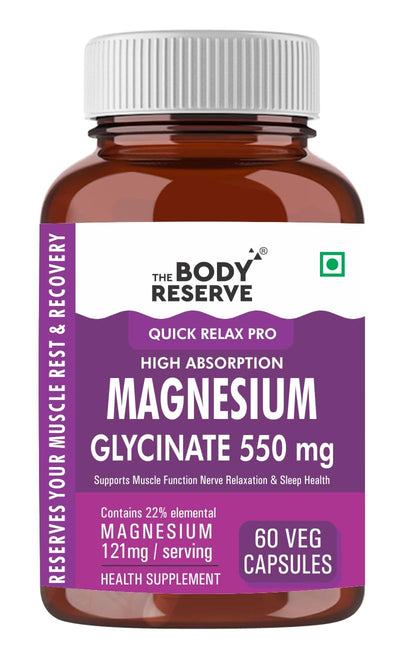 The Body Reserve Magnesium Glycinate Supplement - 60 Vegetable Capsules, 550mg Per Serving, High Absorption Chelated Form - Supports Muscle & Nerve Health, Relaxation for Men & Women