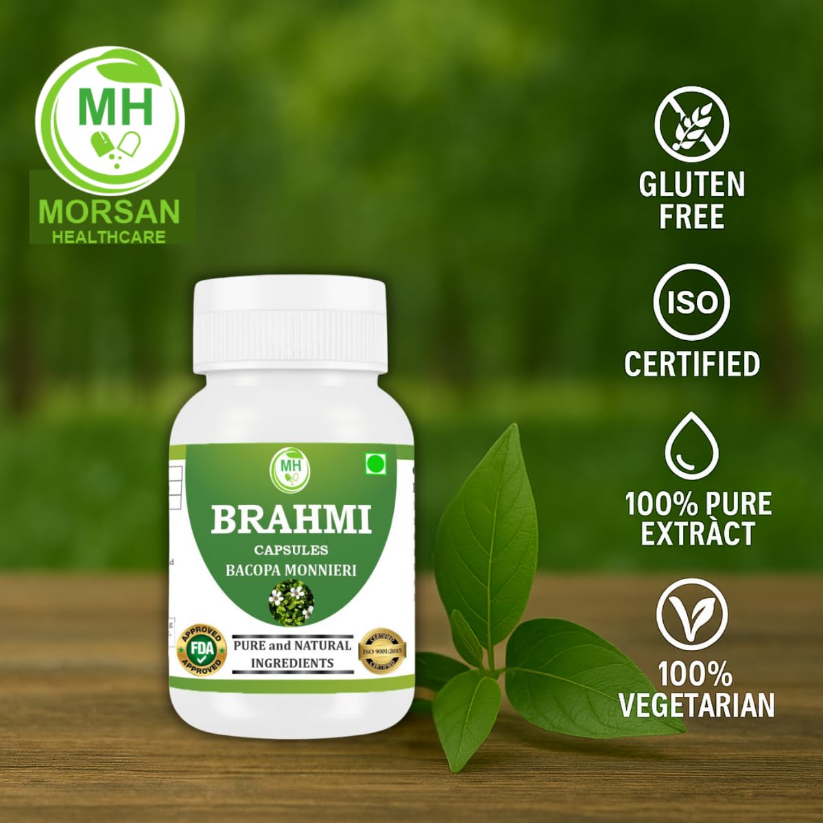 Morsan healthcare Brahmi Capsules 500 mg – 60 Veg Capsules x 2 Pack | Bacopa Monnieri | Herbal Supplement | Vegan Extract | No Additives or Preservatives, plant bsed
